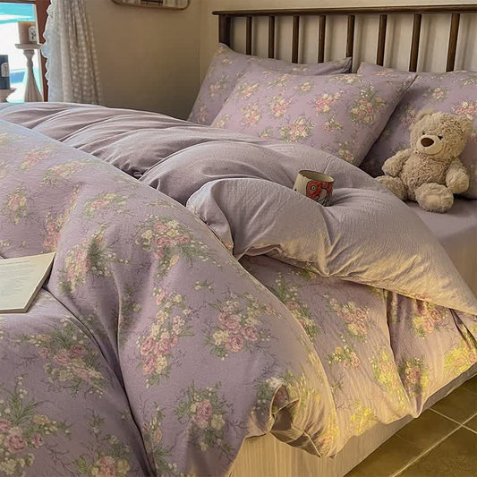 Dusty Purple Rose Cotton Gauze Bedding(4PCS) 4PCS Autumn bed Bed Blanket Bed Sheet bedding Bedding Set Bedding Sets Bohemian Bedding Set Duvet Cover Floral Full Full Size newin260615 Pastoral Pillow Case pillow sham Pink Purple Queen Queen Size Quilt Cover Rural Set sham Spring