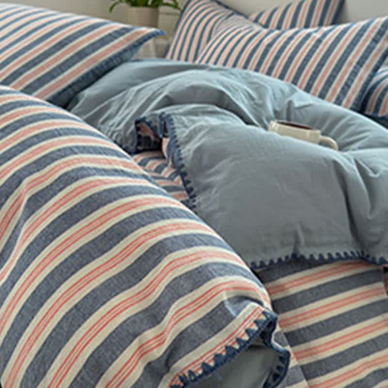 Vintage Striped Scalloped Trim Bedding Set