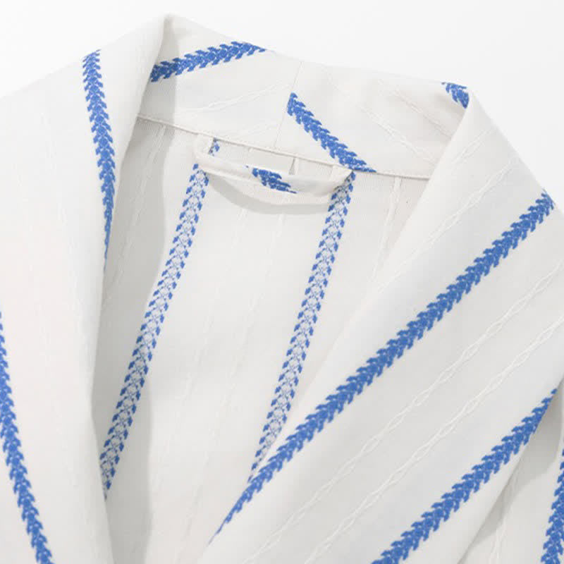 Blue Striped Cotton Long Bathrobe with Belt & Pockets