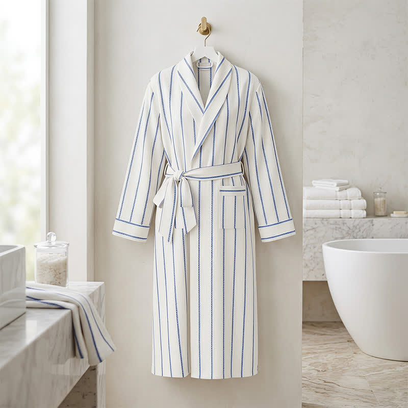 Blue Striped Cotton Long Bathrobe with Belt & Pockets