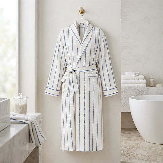 Blue Striped Cotton Long Bathrobe with Belt & Pockets 100% Cotton Autumn Bath Wear Bathrobes Belted Blue White Breathable Comfortable Cool Touch Cotton Homewear Independence Day Lightweight Long Length Long Sleeve Loose Fit Loungewear Minimalist newin260615 One Size Open Front Pocket Robe Sleep Lounge Sleepwear Spring Striped Turn-Down Collar Winter Women
