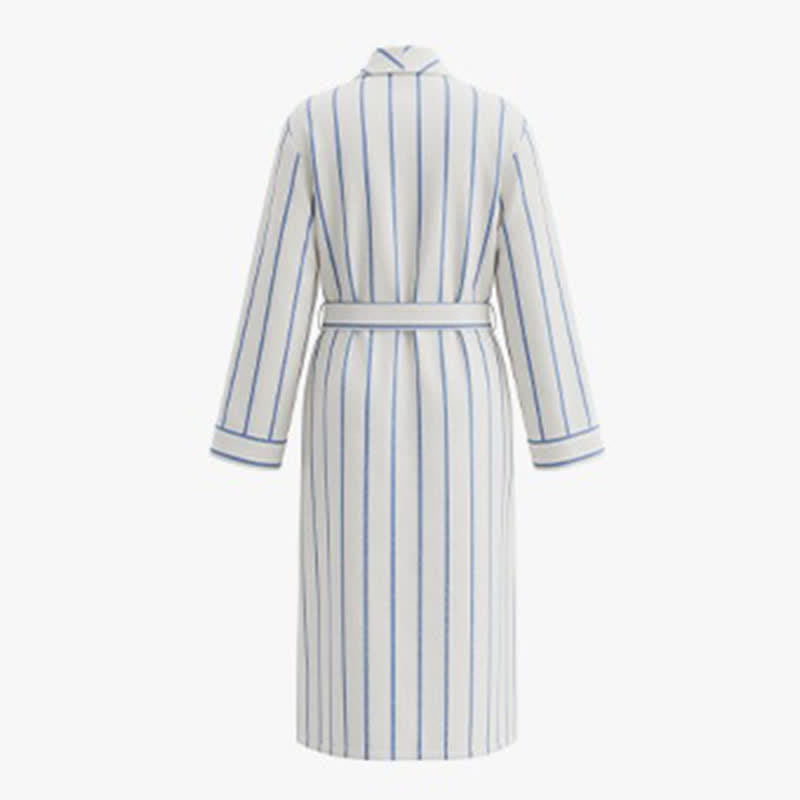 Blue Striped Cotton Long Bathrobe with Belt & Pockets
