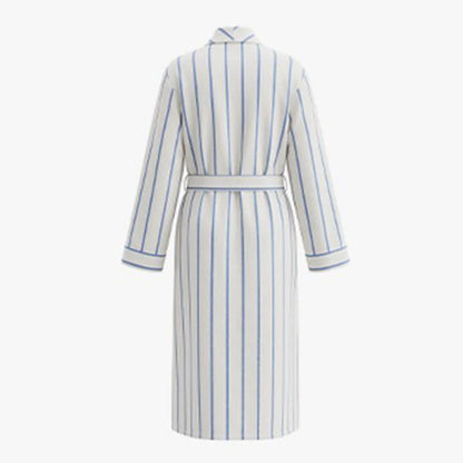 Blue Striped Cotton Long Bathrobe with Belt & Pockets