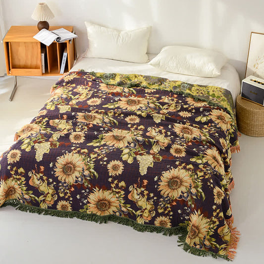 Vintage Sunflower 4-Layer Muslin Blanket Quilt Autumn bed Bed Blanket bedding Cotton Floral Full Full Size Gauze King King Size Queen Queen Size Quilt Rural Spring Summer Sunflower Vintage