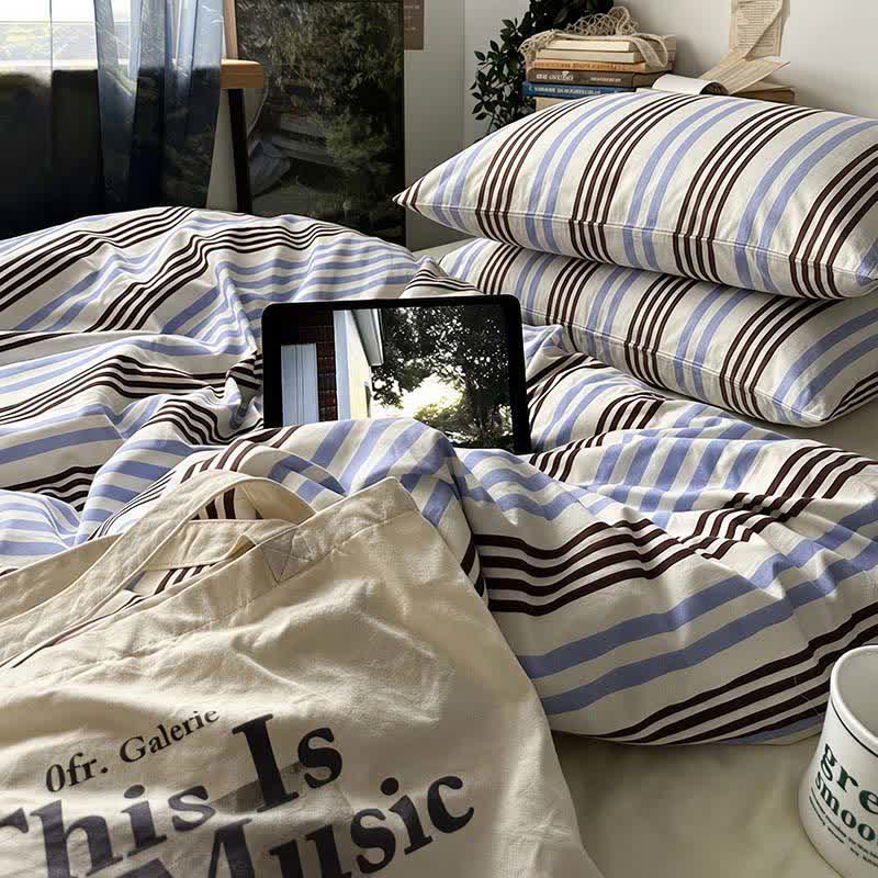 Retro Blue Brown Striped Cotton Bedding Set