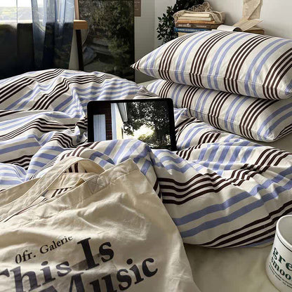 Retro Blue Brown Striped Cotton Bedding Set