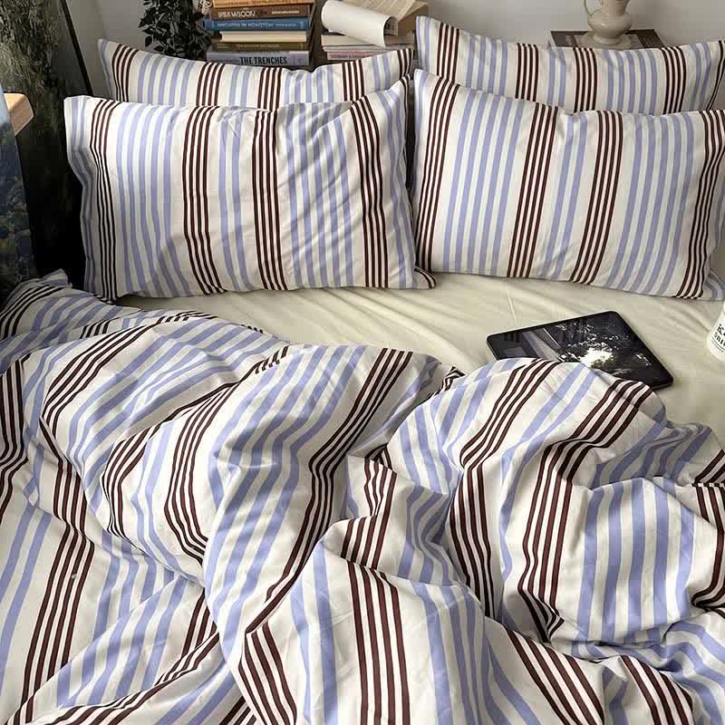Retro Blue Brown Striped Cotton Bedding Set
