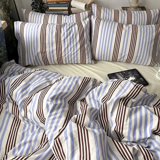 Retro Blue Brown Striped Cotton Bedding Set