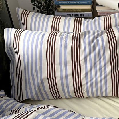 Retro Blue Brown Striped Cotton Bedding Set