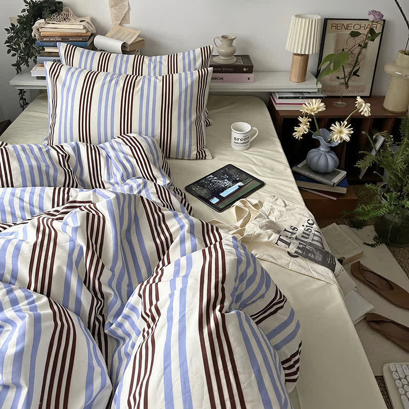 Retro Blue Brown Striped Cotton Bedding Set