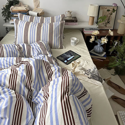 Retro Blue Brown Striped Cotton Bedding Set