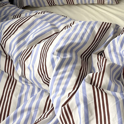Retro Blue Brown Striped Cotton Bedding Set