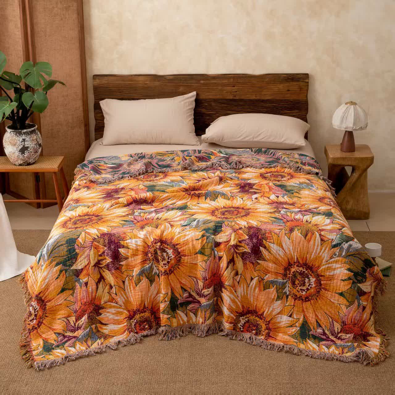 Boho Sunflower Cotton Gauze Bedspread Quilt