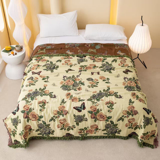 Romantic Rose Cotton Gauze Bedspread Quilt Autumn bed Bed Blanket bedding Butterlfy Cotton Floral Full Full Size Gauze Green King King Size Queen Queen Size Quilt Reversible Rose Rural Spring Summer Vintage