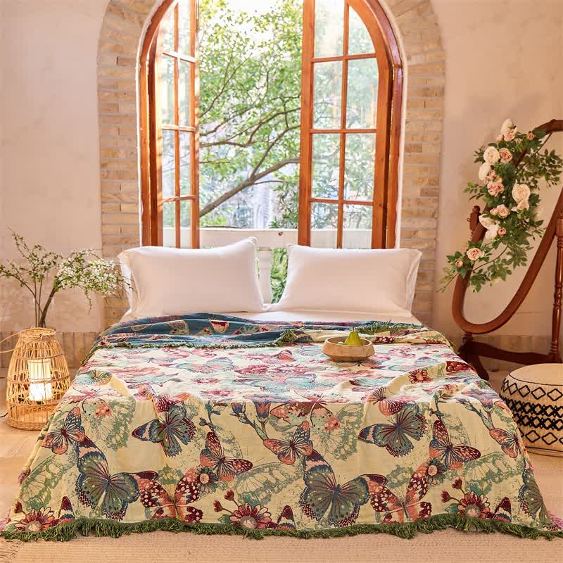 Enchanted Butterfly & Floral Muslin Bedspread Quilt