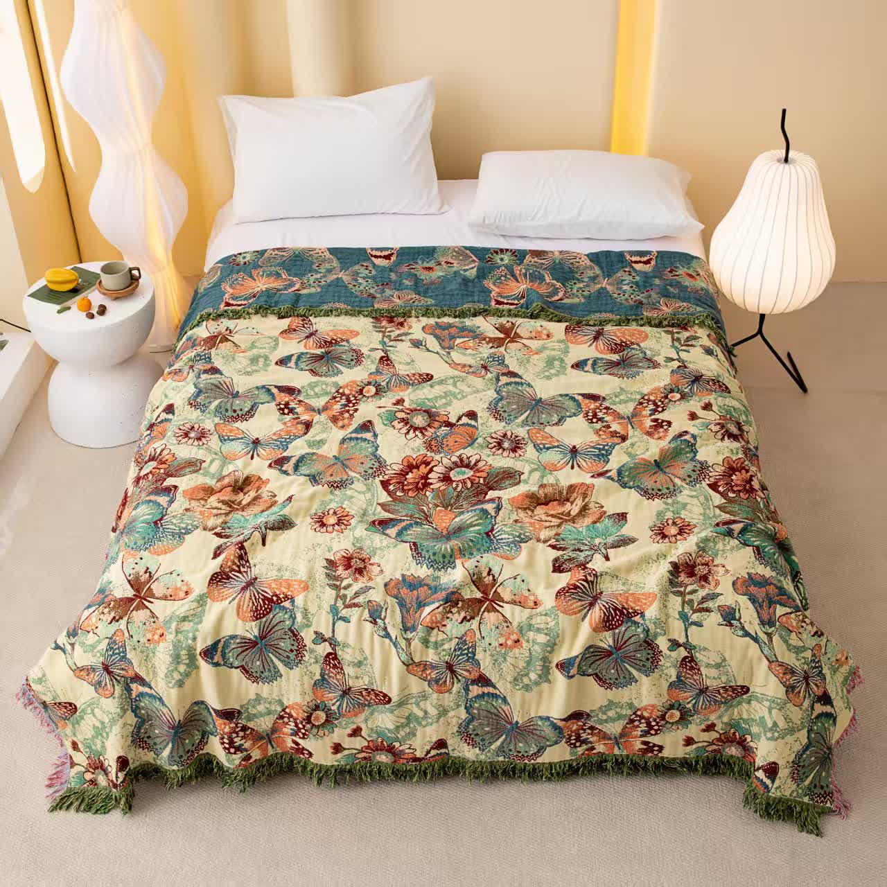 Enchanted Butterfly & Floral Muslin Bedspread Quilt