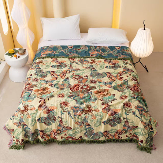 Enchanted Butterfly & Floral Muslin Bedspread Quilt Autumn bed Bed Blanket bedding Beige Butterlfy Cotton Floral Full Full Size Gauze Green King King Size Queen Queen Size Quilt Reversible Rural Spring Summer Vintage