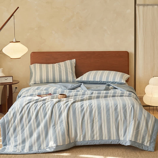 Light Blue Striped Double Gauze Bedding Set 100% Cotton 3 Piece Bedding Set 4 Piece Bedding Set 60s Cotton Active Printed bedding Bedding Set Bedroom Blue Bedding Breathable Comfortable Cozy Daily Use Bedding Double Gauze Guest Room Use Home Textile Home Use Independence Day Lightweight Quilt Modern Minimalist Design newin260616 Nordic Style Pastel Pure Cotton Cover Queen Queen Size Quilt Set Simple Style Sleep Comfort Soft Spring Summer Bedding Stripe Pattern Striped Blue Design Warm Fiber Filling