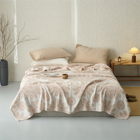 Vintage Floral Cotton Muslin Blanket Quilt Apricot Autumn bed Bed Blanket bedding Cotton Floral Full Full Size Gauze Queen Queen Size Quilt Reversible Rural Spring Summer Three Layers Gauze Vintage