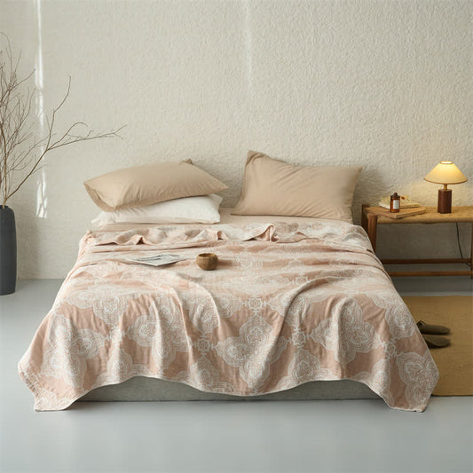 Vintage Damask Cotton 3-Layer Muslin Throw Quilt Autumn bed Bed Blanket bedding Camel Cotton Damask Floral Full Full Size Gauze Muslin Muslin Blanket Muslin Cotton Queen Queen Size Quilt Reversible Rural Spring Summer Three Layers Gauze Vintage