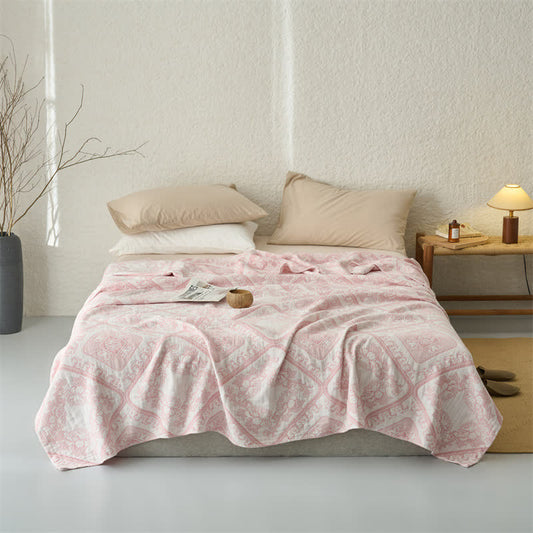 Retro Plaid Flower 3-Layer Muslin Throw Quilt Autumn bed Bed Blanket bedding Camel Cotton Damask Floral Full Full Size Gauze Muslin Muslin Blanket Muslin Cotton Pink Queen Queen Size Quilt Reversible Rural Spring Summer Three Layers Gauze Vintage