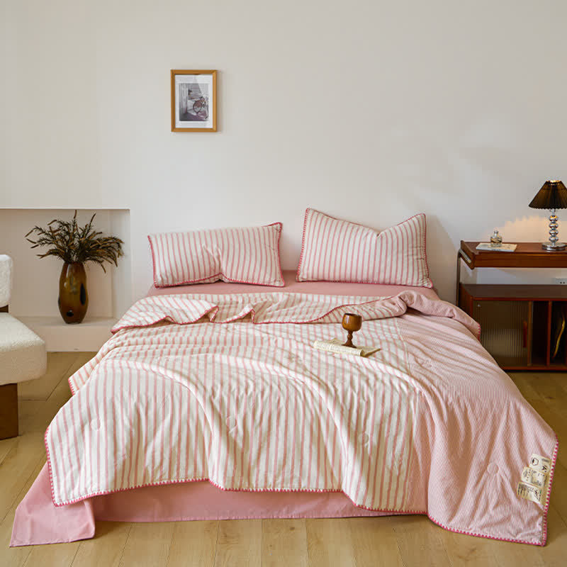 Shell Trim Two-Tone Stripe Cotton Bedding Set