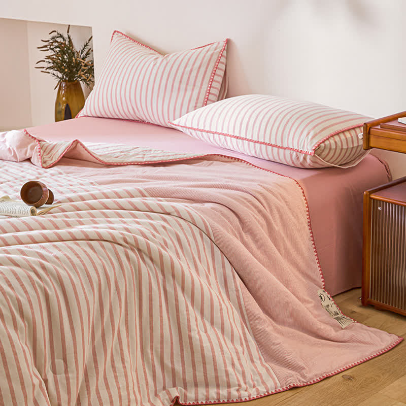 Shell Trim Two-Tone Stripe Cotton Bedding Set