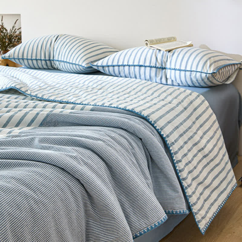 Shell Trim Two-Tone Stripe Cotton Bedding Set