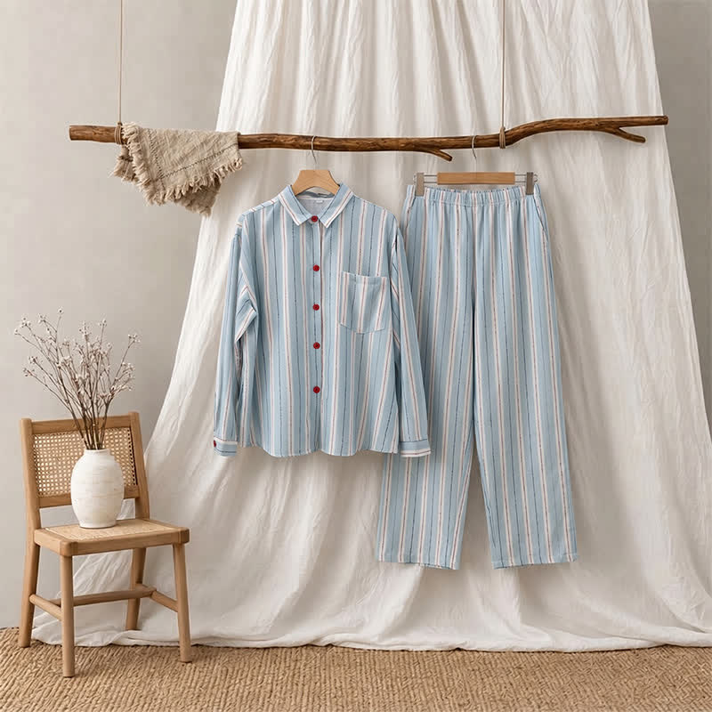 Red Accent Blue Stripe Double Gauze Pajamas