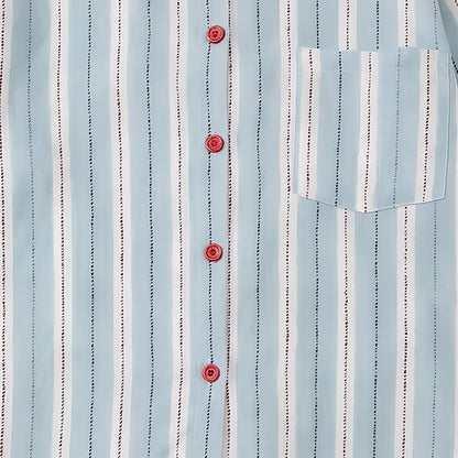 Red Accent Blue Stripe Double Gauze Pajamas