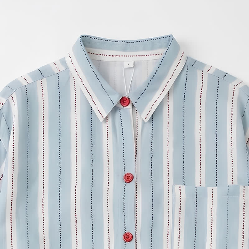 Red Accent Blue Stripe Double Gauze Pajamas
