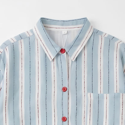 Red Accent Blue Stripe Double Gauze Pajamas