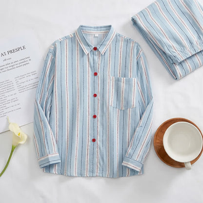 Red Accent Blue Stripe Double Gauze Pajamas