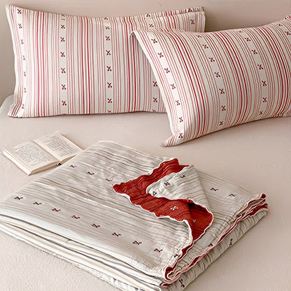 Cherry Stripe Red Trim Washed Cotton Bedding Set