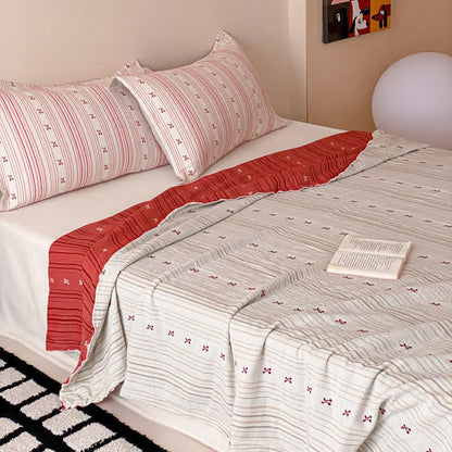 Cherry Stripe Red Trim Washed Cotton Bedding Set