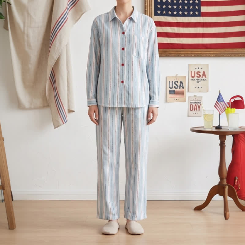 Red Accent Blue Stripe Double Gauze Pajamas