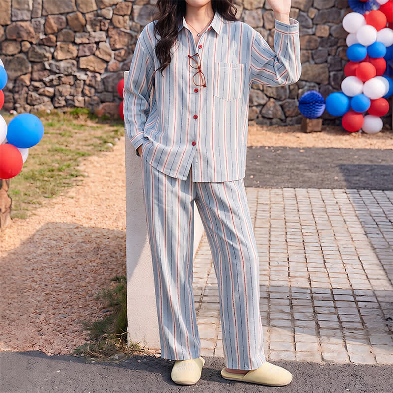 Red Accent Blue Stripe Double Gauze Pajamas