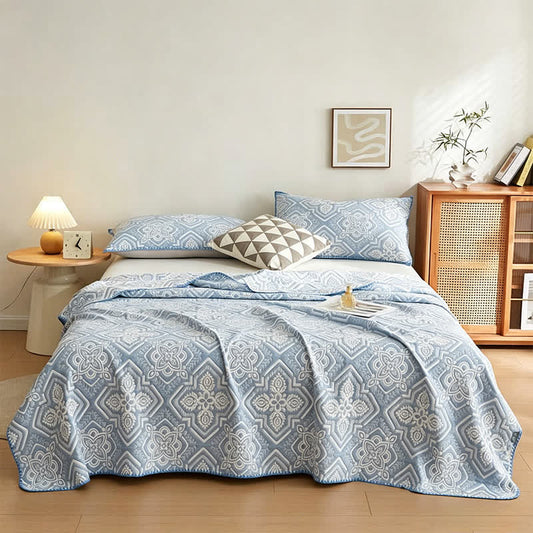 Mediterranean Tile Cotton Muslin Blanket Quilt 3PCS Autumn bed Bed Blanket bedding Bedding Set Camel Cotton Full Full Size Gauze Mediterranean Tile Muslin Muslin Blanket Muslin Cotton Pink Queen Queen Size Quilt Reversible Rural Spring Summer Three Layers Gauze Vintage
