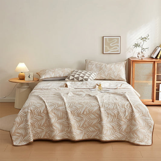 Botanical Palm Leaf Cotton Muslin Blanket Quilt 3PCS Autumn bed Bed Blanket bedding Bedding Set Botanical Palm Leaf Camel Cotton Double Layers Gauze Full Full Size Gauze Muslin Muslin Blanket Muslin Cotton Pink Queen Queen Size Quilt Reversible Rural Spring Summer Vintage