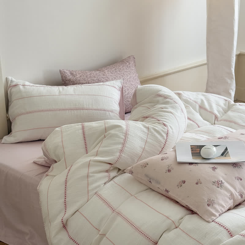 Pink Blossom Washed Cotton Four Piece Bedding Set