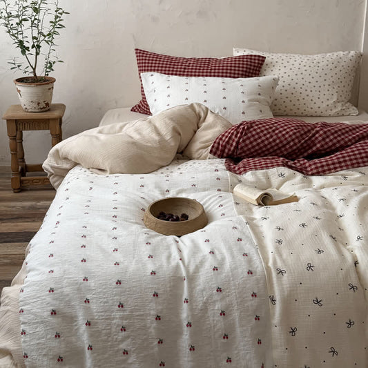 Cherry Gingham Washed Cotton Soft Cozy Bedding Set