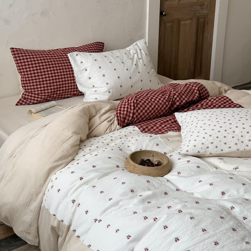Cherry Gingham Washed Cotton Soft Cozy Bedding Set