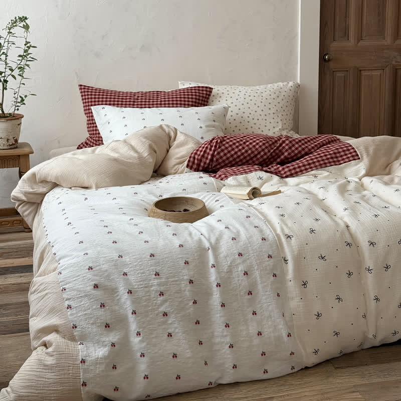 Cherry Gingham Washed Cotton Soft Cozy Bedding Set
