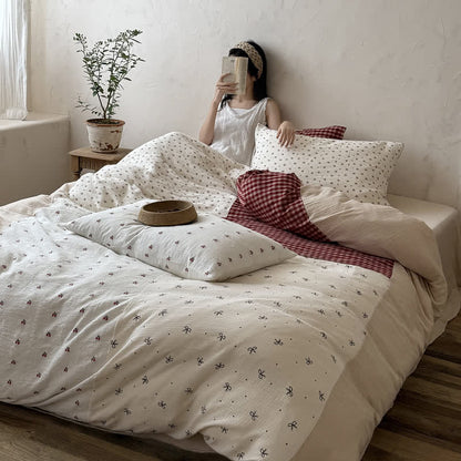 Cherry Gingham Washed Cotton Soft Cozy Bedding Set