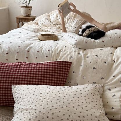 Cherry Gingham Washed Cotton Soft Cozy Bedding Set