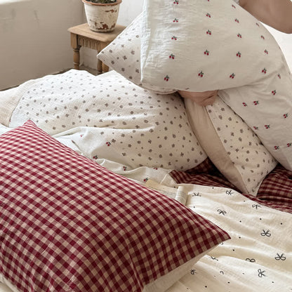 Cherry Gingham Washed Cotton Soft Cozy Bedding Set