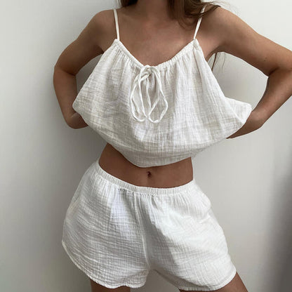 White Cotton Gauze Bow Lounge Set