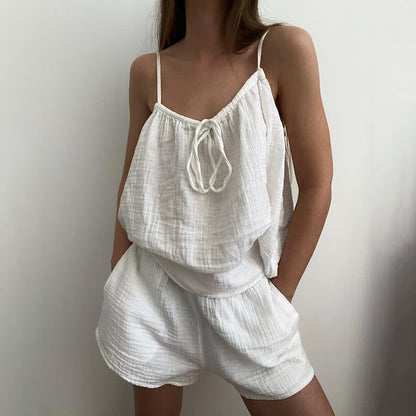 White Cotton Gauze Bow Lounge Set