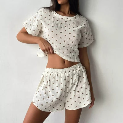 Apricot Heart Print Cotton Loungewear Set