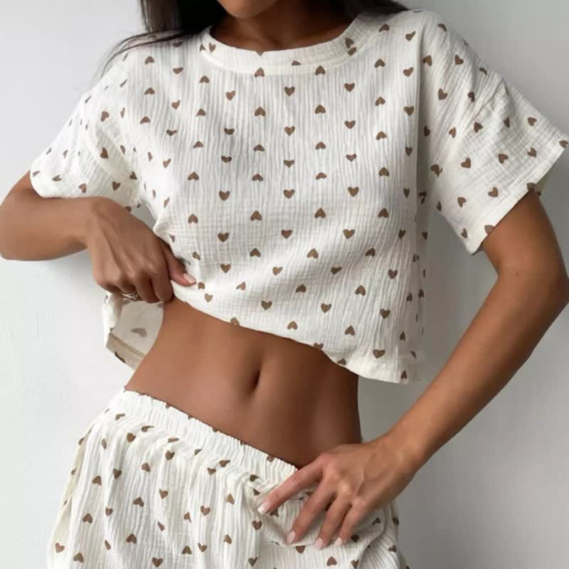 Apricot Heart Print Cotton Loungewear Set